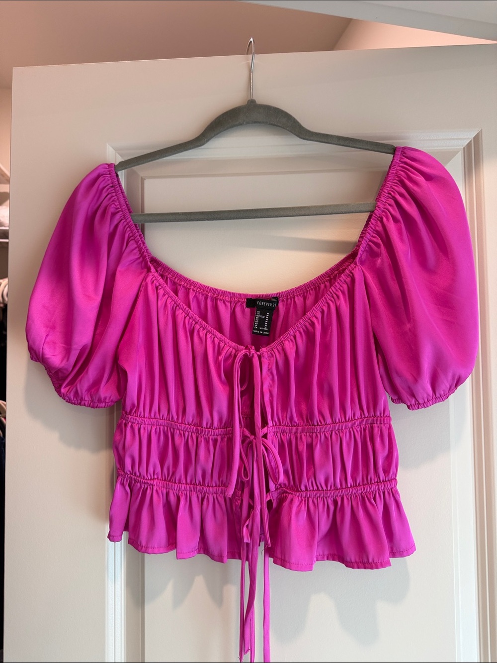 Forever 21 Hot Pink Puff Sleeve Peasant Blouse